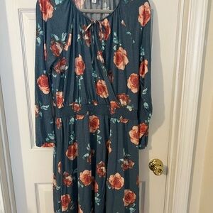 LuLaRoe Jody Blue Dress with Pink Rose Print, Long Sleeve